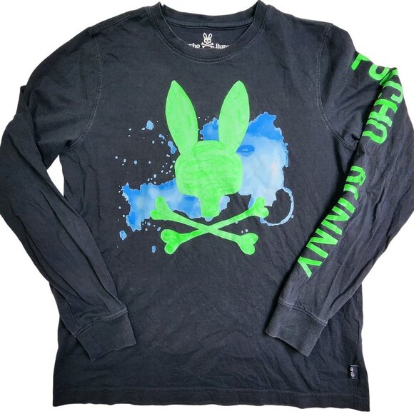 Psycho Bunny Mens Black Long Sleeve Shirt Neon Graphic Logo Size Medium - Picture 2 of 10